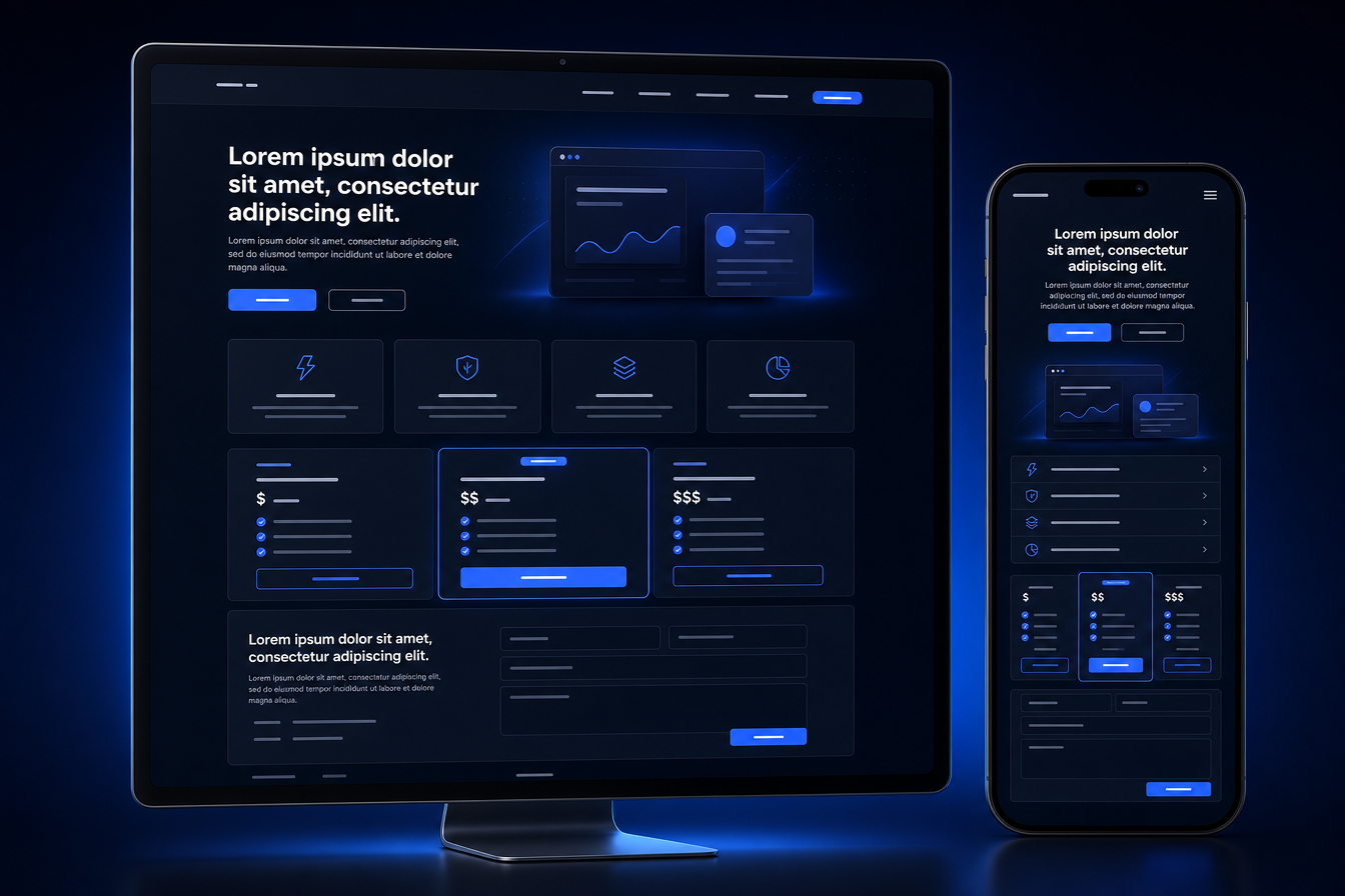 Estrutura de site exibida em monitor e celular